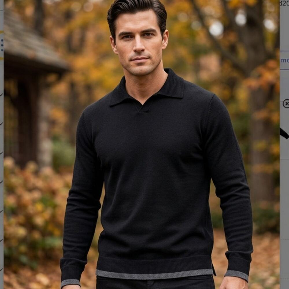 Brandini Men's Black Merino Wool Sweater with Collar Sz XL Woolmark Made Italy